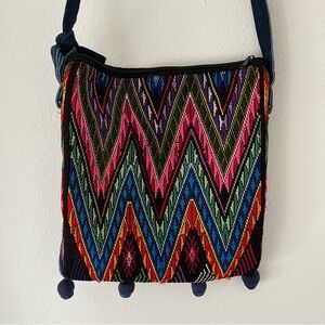 Vintage Embroidered Rainbow Tribal Pom-Pom Denim Bag